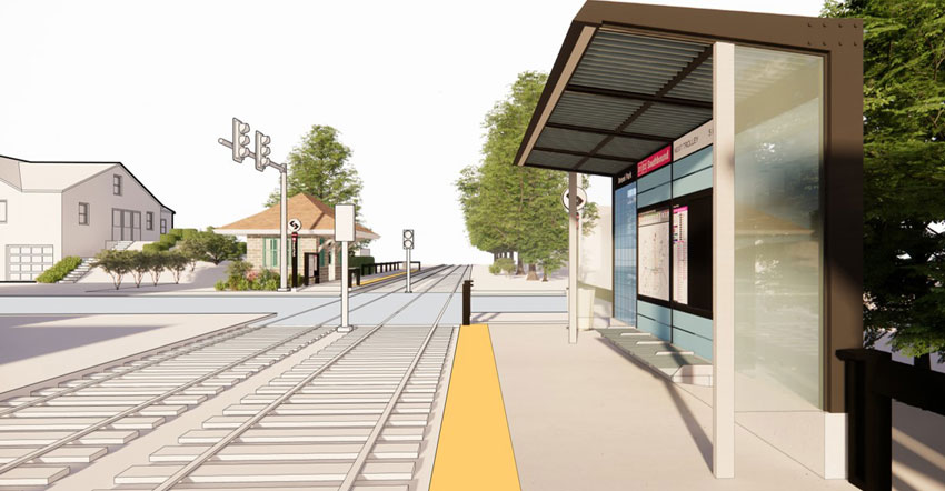 Rendering of a D Line trolley station shelter serving tracks on a dedicated right-of-way and adjacent to a cross street. The shelter is colored with cool blue tones on the interior, framed by dark gray and white supports that are straight and support a slightly angled roof. The interior roof of the shelter is colored with a light gray tone.
