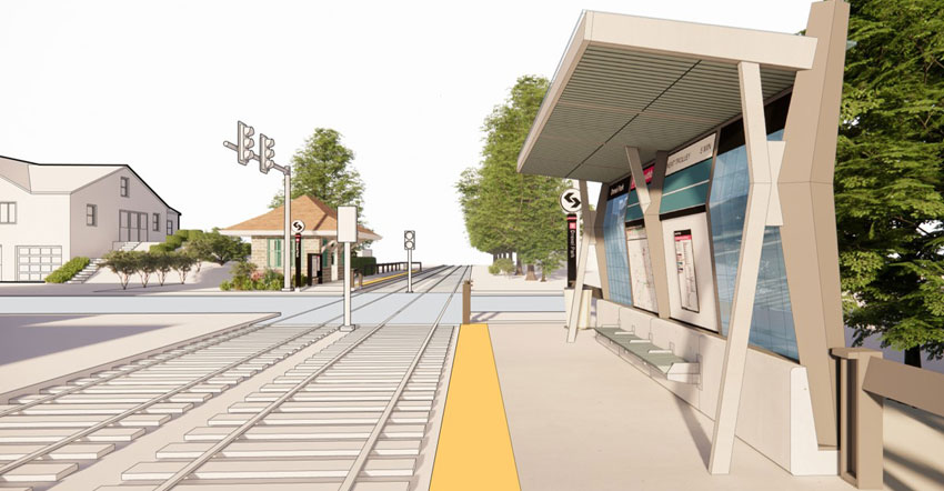 Rendering of a D Line trolley station shelter serving tracks on a dedicated right-of-way and adjacent to a cross street. The shelter is colored with cool blue tones on the interior, and the shelter is framed by light gray and white supports that are angled inward and touch about two-thirds of the way up to the roof. The roof is slightly angled, and the interior of the roof is colored with a light gray tone.